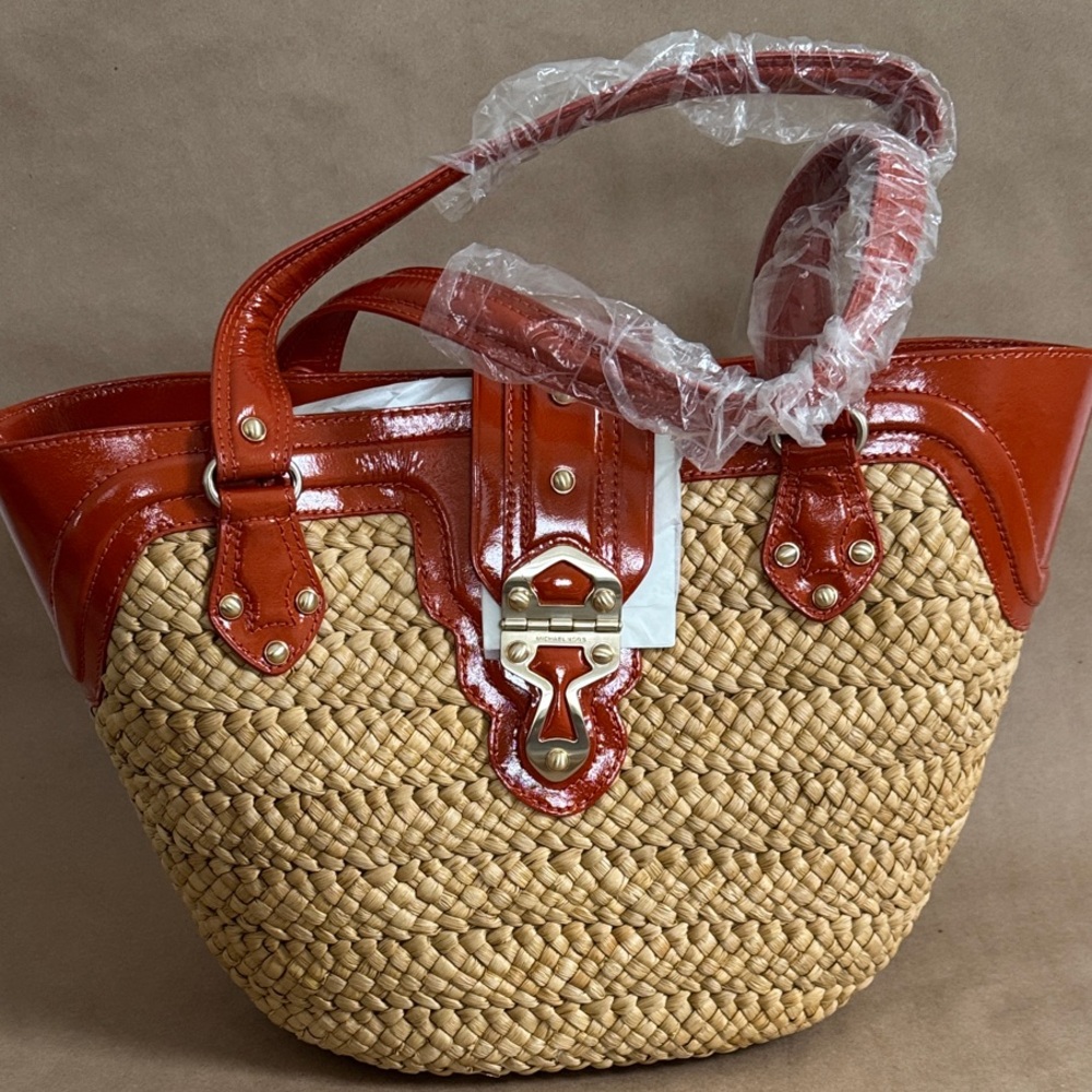 Michael Kors Large Braided Raffia and Burnt Orange Patent Leather Tote Bag